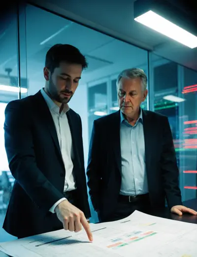 Virtualtek project managers reviewing technical specifications and deployment timeline