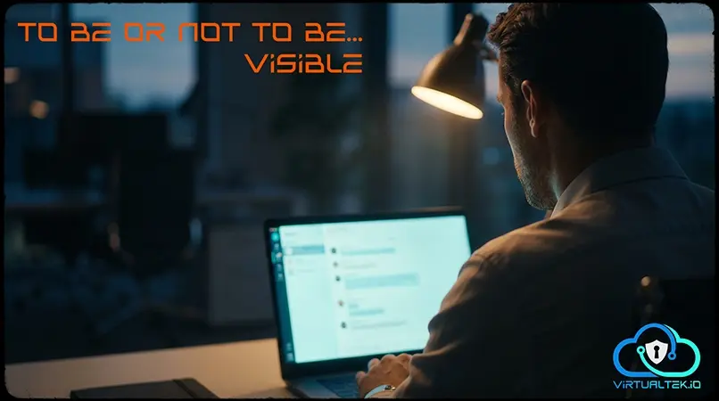 A business decision-maker asking an AI assistant for a provider — illustrating AI visibility — with the headline 'To be or not to be… visible' by Virtualtek