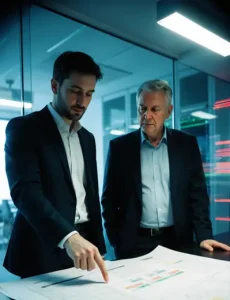 Virtualtek project managers reviewing technical specifications and deployment timeline